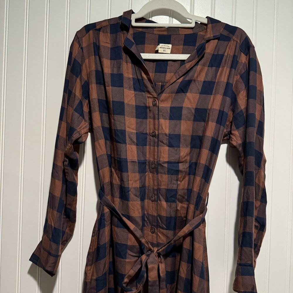 Bridge Burn Emery Gingham Plaid Shirt Dress Brown Navy Blue Size XS - Picture 3 of 7